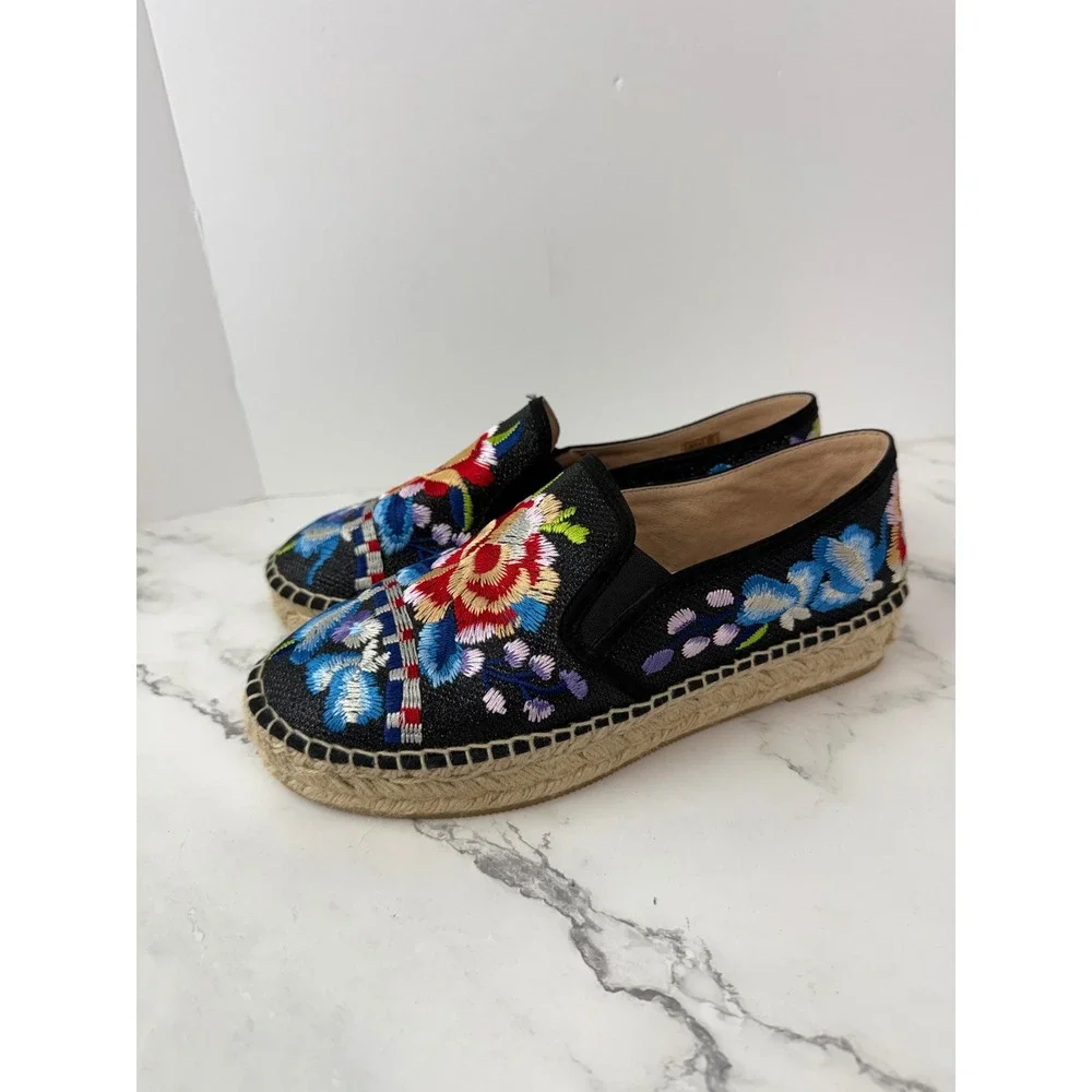 Johnny Was Cooper Embroidered Espadrilles Sz 9 Womens Black Floral